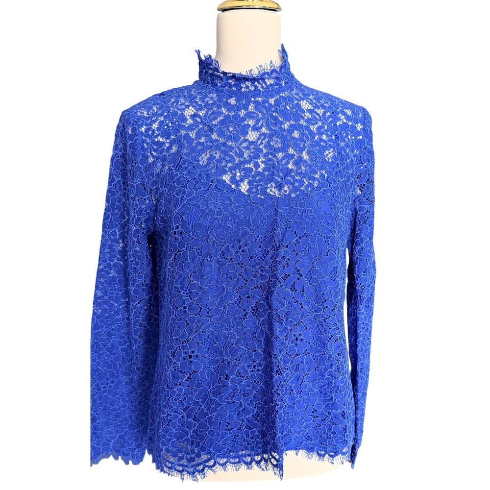 J.Crew‎ Womens Royal Blue Floral Corded Lace Mock Neck Top Size 6 Long Sleeve